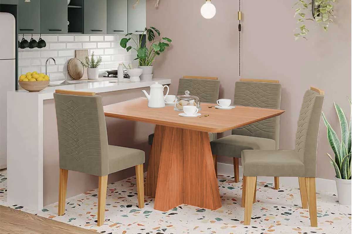 Sala Jantar Mesa Maitê Tampo Madeirado 130x80cm e 4 Cadeiras Clarice - Cimol