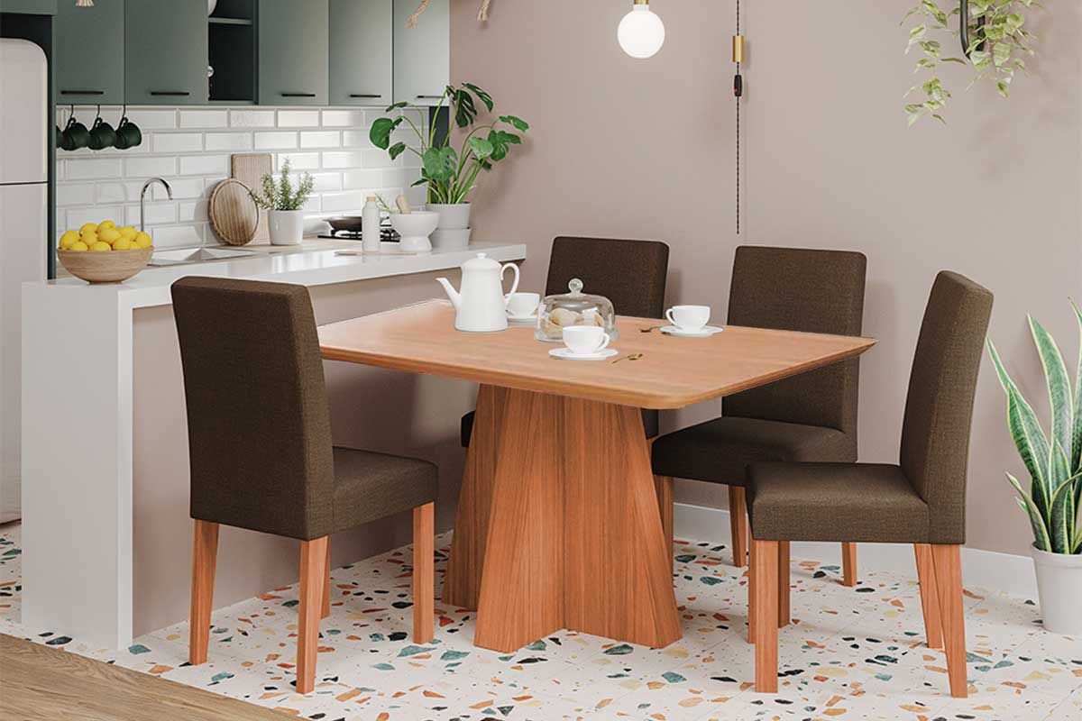 Sala Jantar Mesa Maitê Tampo Madeirado 130x80cm e 4 Cadeiras Maia - Cimol