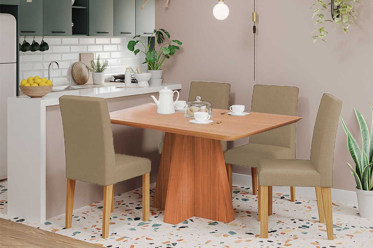 Sala Jantar Mesa Maitê Tampo Madeirado 130x80cm e 4 Cadeiras Maia - Cimol