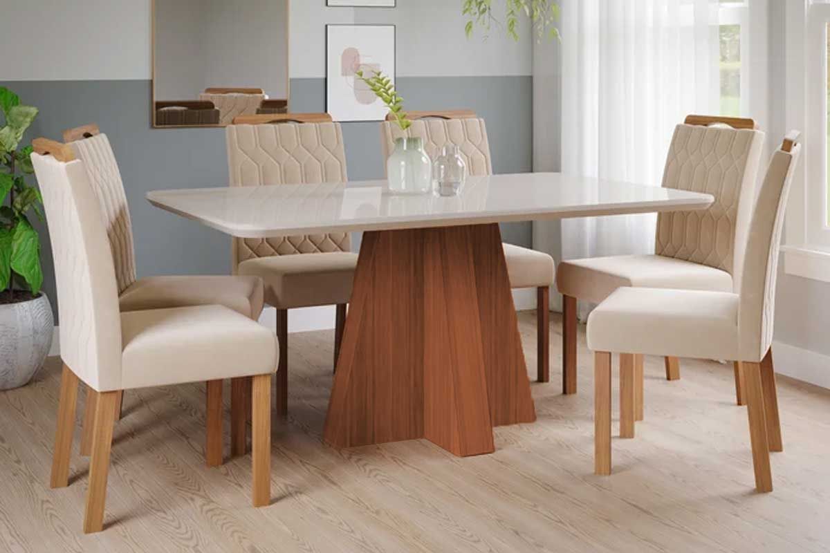 Sala Jantar Mesa Maitê Tampo Madeirado c/ Vidro 160x80cm e 6 Cadeiras Paola - Cimol