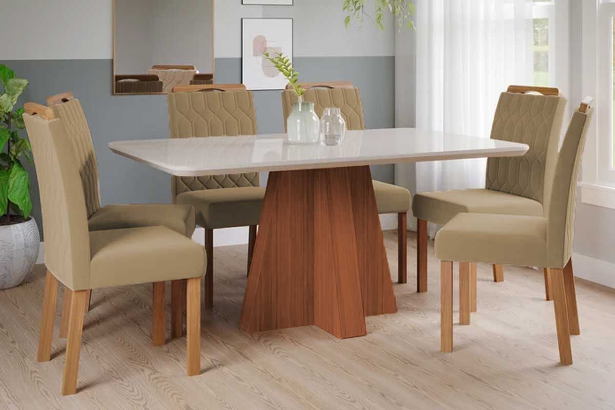 Sala Jantar Mesa Maitê Tampo Madeirado c/ Vidro 160x80cm e 6 Cadeiras Paola - Cimol