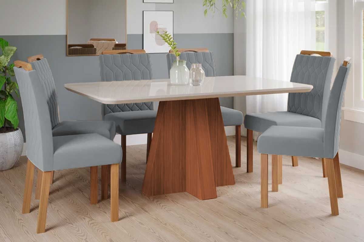 Sala Jantar Mesa Maitê Tampo Madeirado c/ Vidro 160x80cm e 6 Cadeiras Paola - Cimol