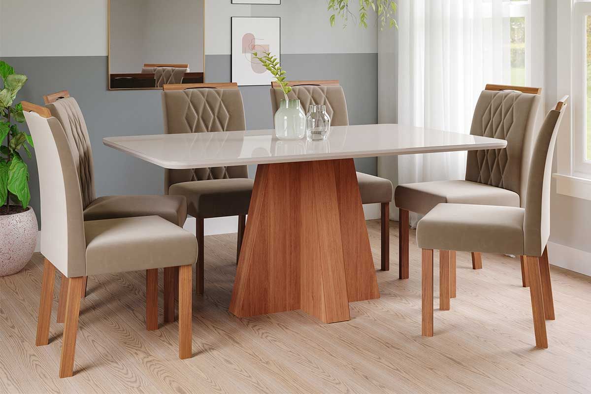 Sala Jantar Mesa Maitê Tampo Madeirado c/ Vidro 160x80cm e 6 Cadeiras Juliana - Cimol