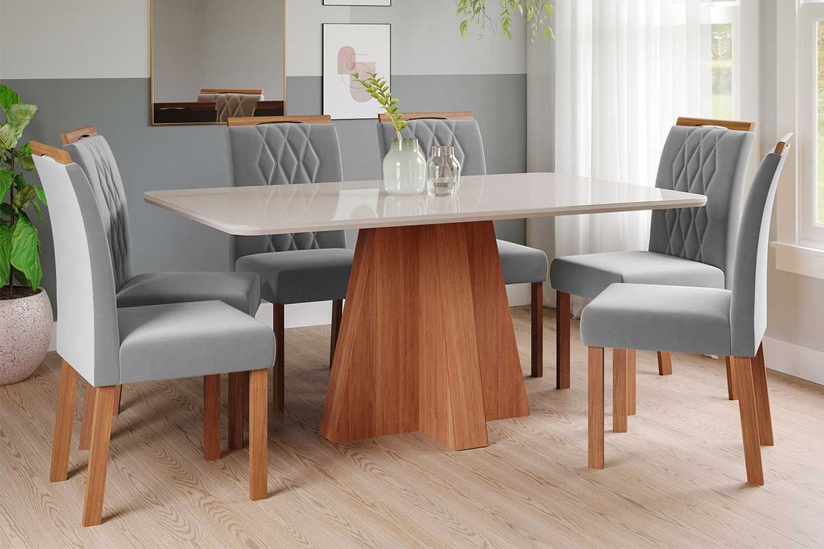 Sala Jantar Mesa Maitê Tampo Madeirado c/ Vidro 160x80cm e 6 Cadeiras Juliana - Cimol