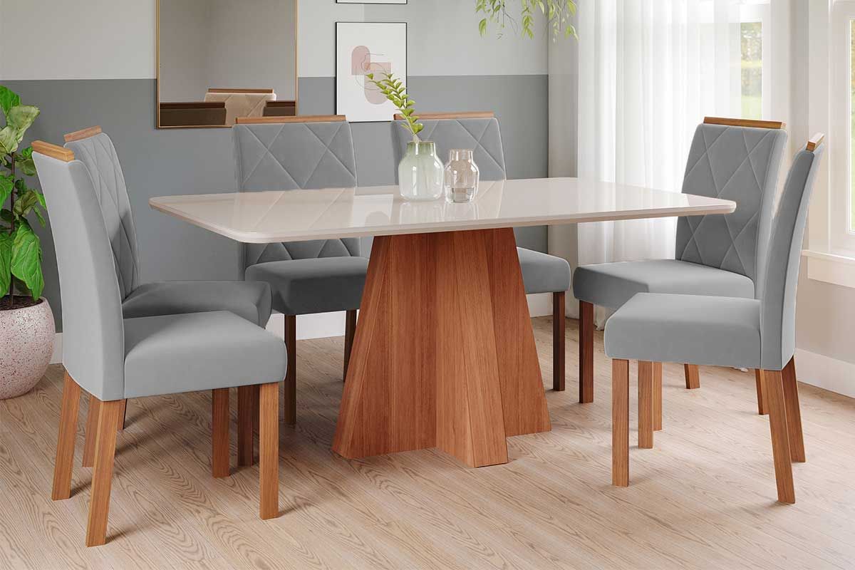 Sala Jantar Mesa Maitê Tampo Madeirado c/ Vidro 160x80cm e 6 Cadeiras Fernanda - Cimol