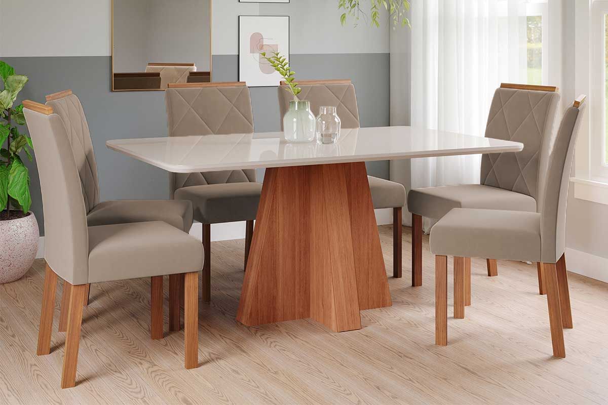 Sala Jantar Mesa Maitê Tampo Madeirado c/ Vidro 160x80cm e 6 Cadeiras Fernanda - Cimol