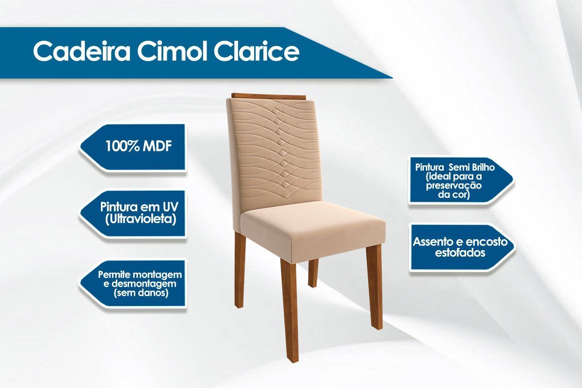 Sala Jantar Mesa Maitê Tampo Madeirado c/ Vidro 160x80cm e 6 Cadeiras Clarice - Cimol