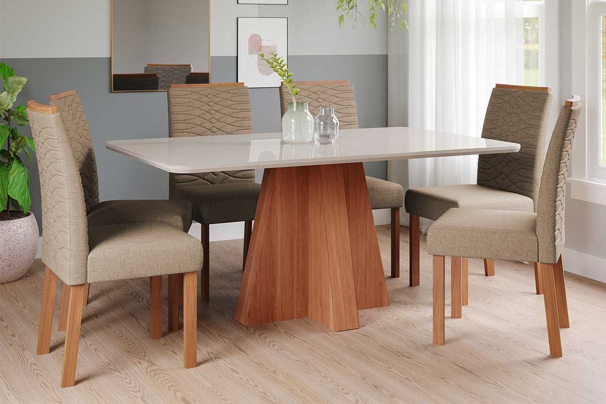 Sala Jantar Mesa Maitê Tampo Madeirado c/ Vidro 160x80cm e 6 Cadeiras Clarice - Cimol