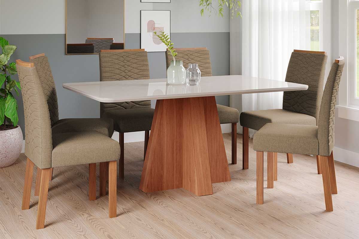 Sala Jantar Mesa Maitê Tampo Madeirado c/ Vidro 160x80cm e 6 Cadeiras Clarice - Cimol