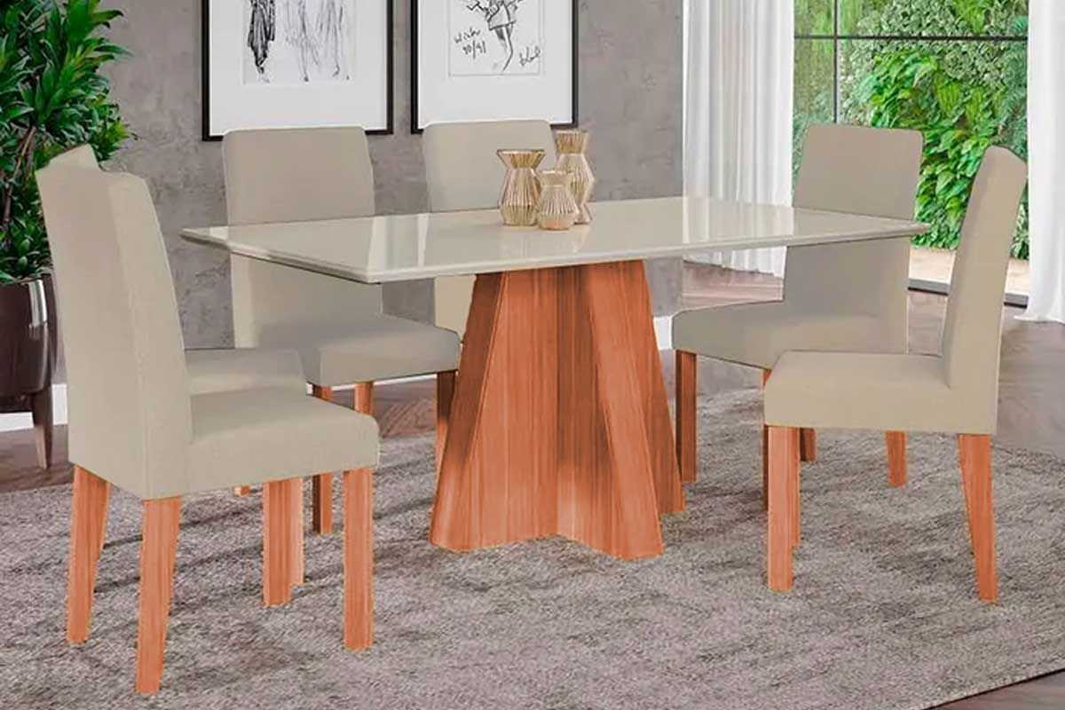 Sala Jantar Mesa Maitê Tampo Madeirado c/ Vidro 160x80cm e 6 Cadeiras Maia - Cimol
