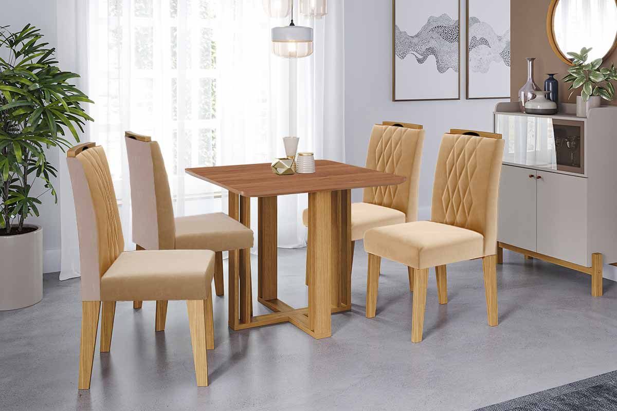Sala Jantar Mesa Flora Tampo Madeirado 95x95cm e 4 Cadeiras Juliana - Cimol