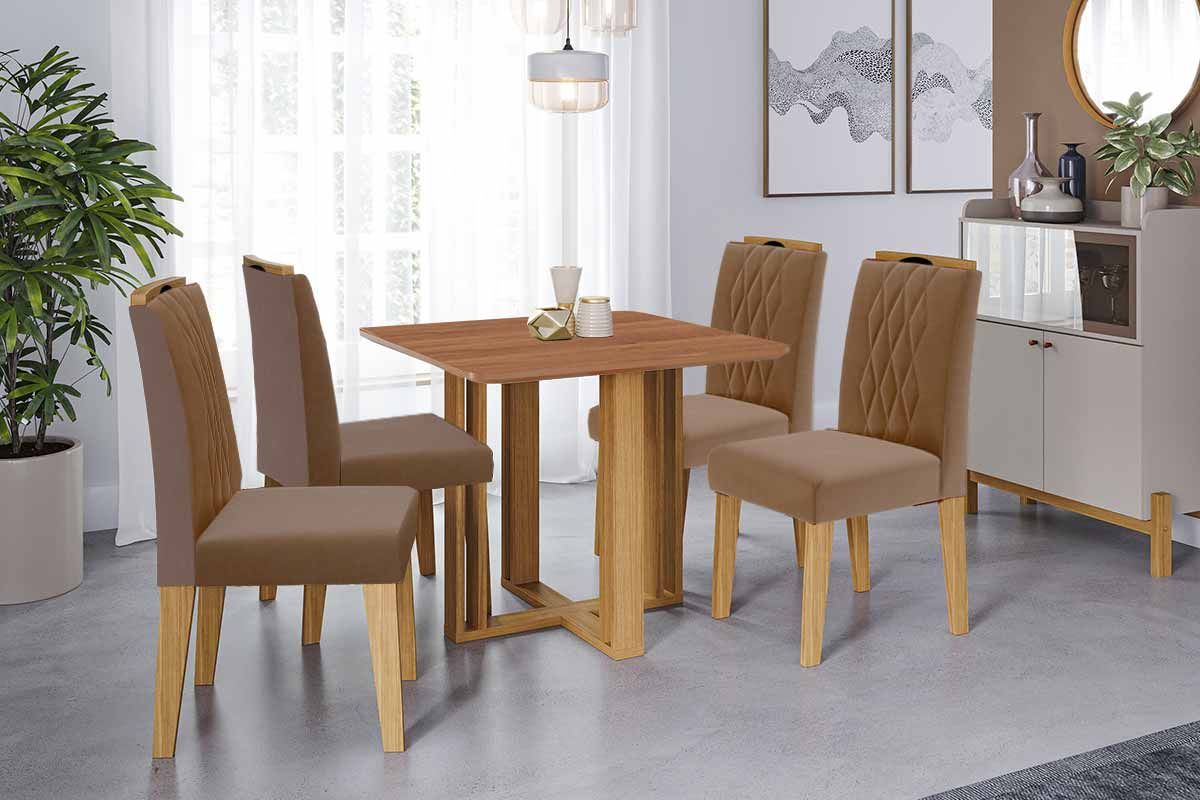Sala Jantar Mesa Flora Tampo Madeirado 95x95cm e 4 Cadeiras Juliana - Cimol