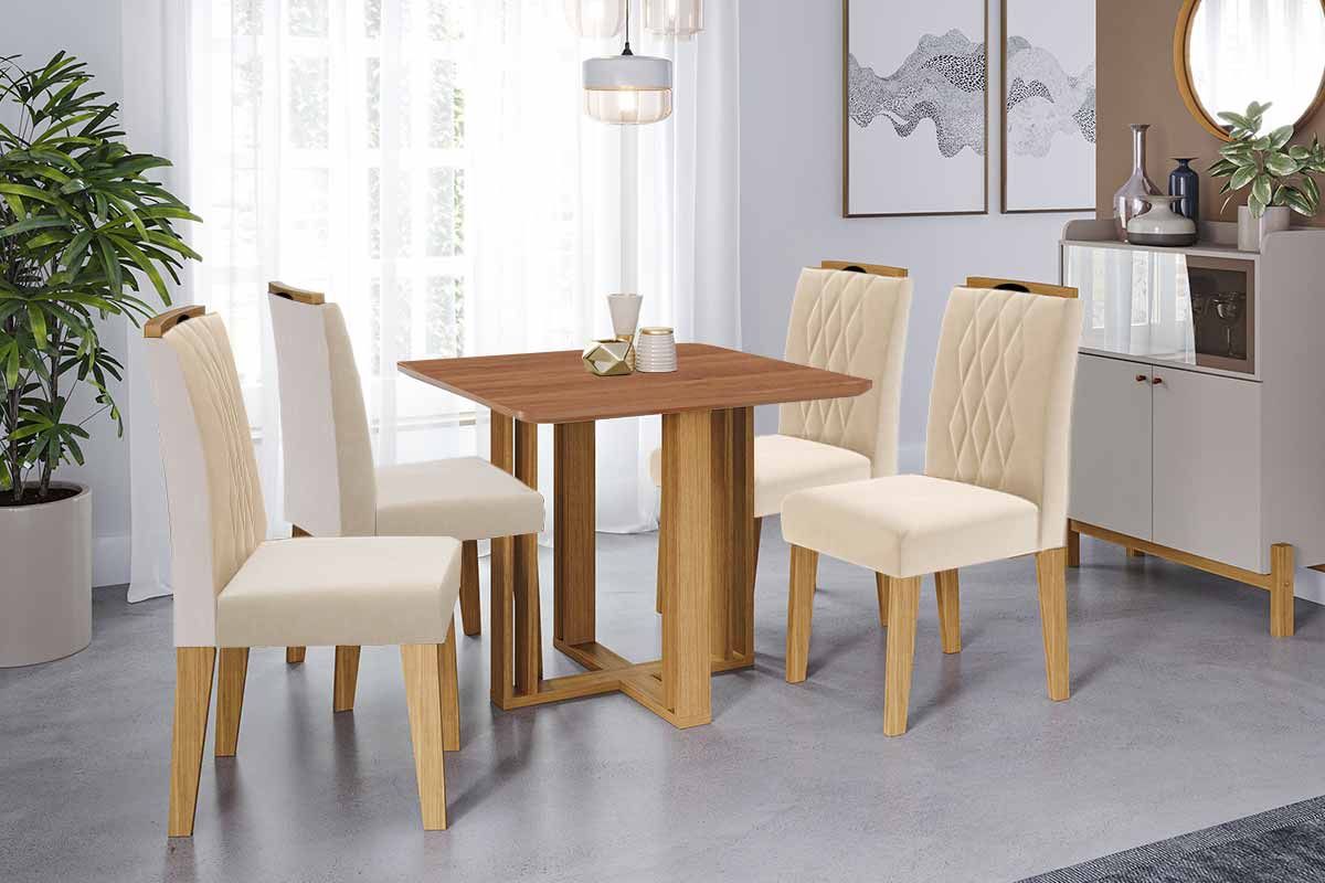 Sala Jantar Mesa Flora Tampo Madeirado 95x95cm e 4 Cadeiras Juliana - Cimol