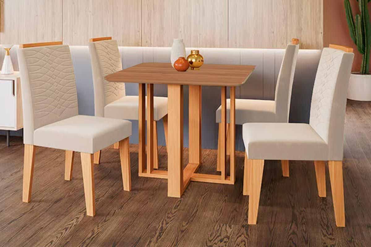 Sala Jantar Mesa Flora Tampo Madeirado 95x95cm e 4 Cadeiras Clarice - Cimol