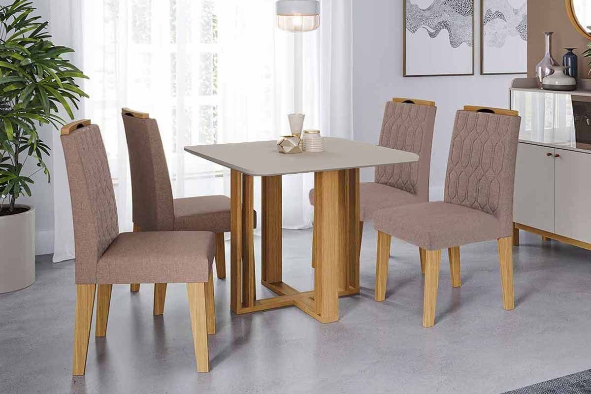 Sala Jantar Mesa Flora Tampo Madeirado c/ Vidro 95x95cm e 4 Cadeiras Paola - Cimol