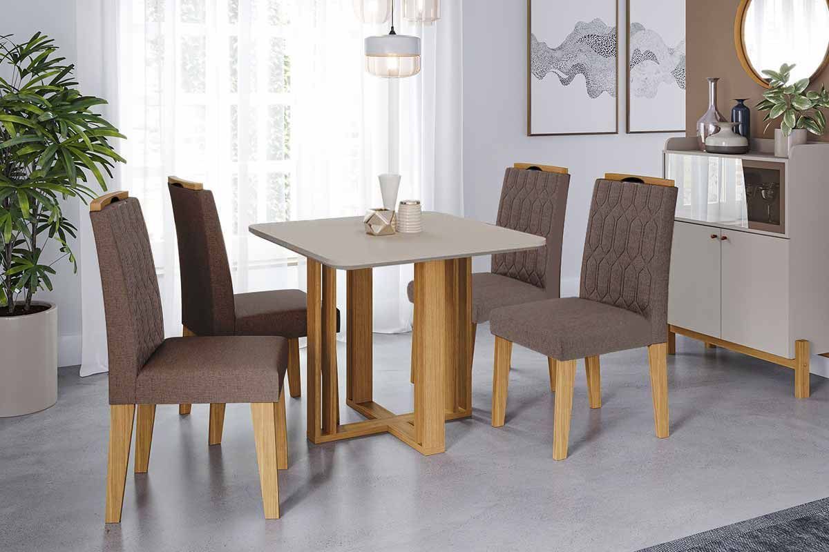 Sala Jantar Mesa Flora Tampo Madeirado c/ Vidro 95x95cm e 4 Cadeiras Paola - Cimol