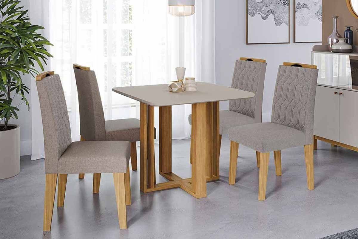 Sala Jantar Mesa Flora Tampo Madeirado c/ Vidro 95x95cm e 4 Cadeiras Paola - Cimol