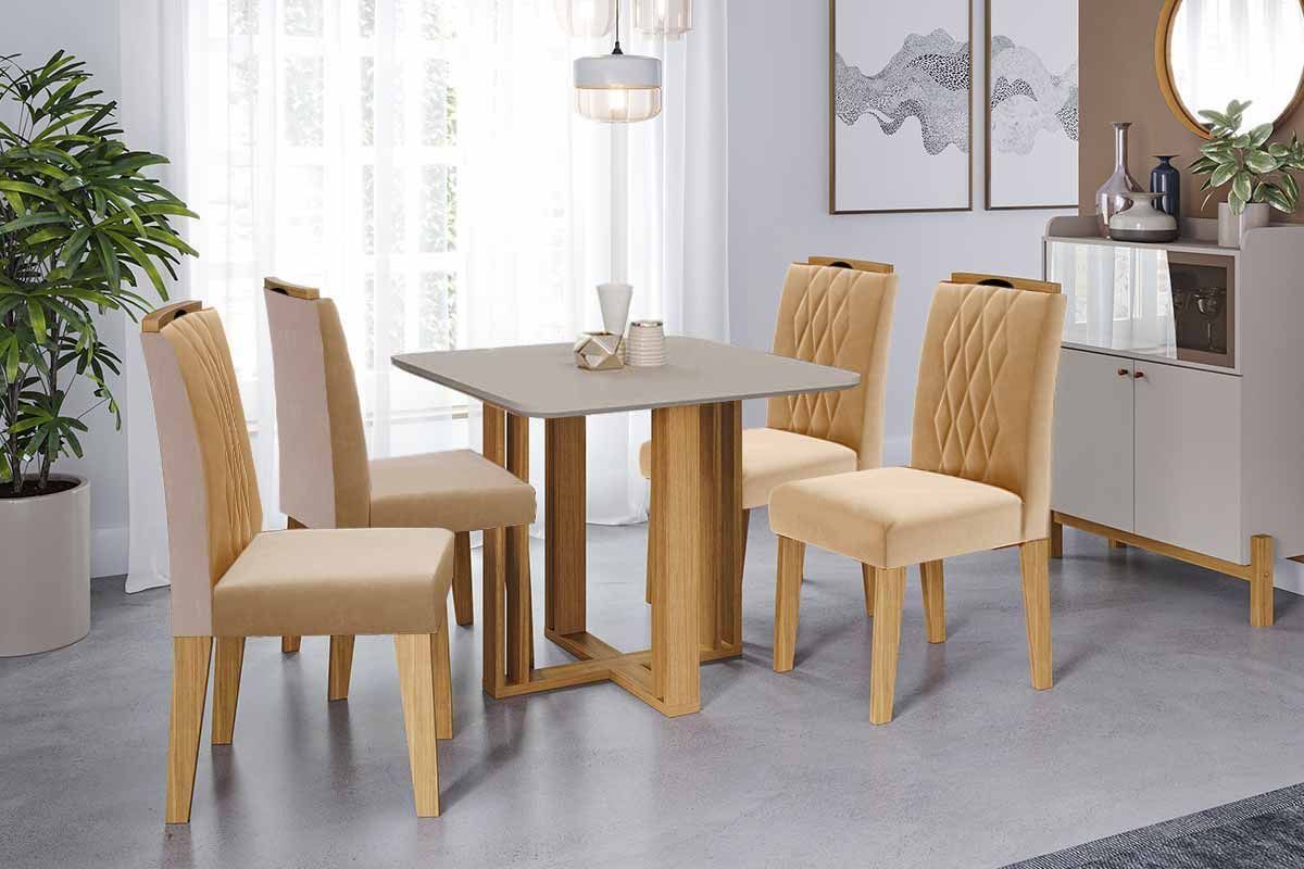 Sala Jantar Mesa Flora Tampo Madeirado c/ Vidro 95x95cm e 4 Cadeiras Juliana - Cimol