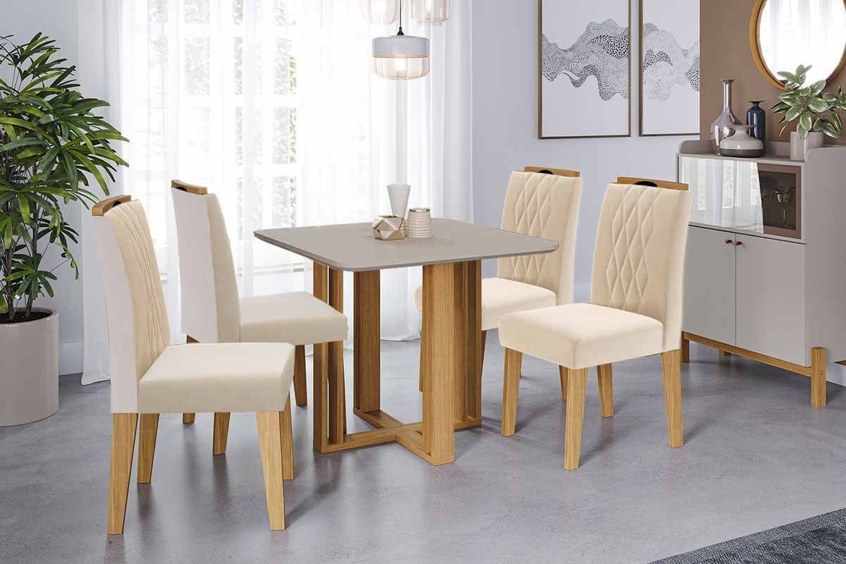 Sala Jantar Mesa Flora Tampo Madeirado c/ Vidro 95x95cm e 4 Cadeiras Juliana - Cimol