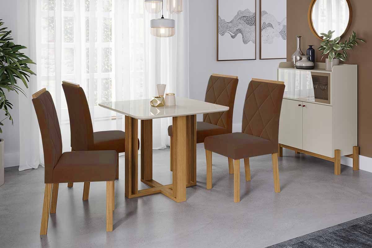 Sala Jantar Mesa Flora Tampo Madeirado c/ Vidro 95x95cm e 4 Cadeiras Fernanda - Cimol
