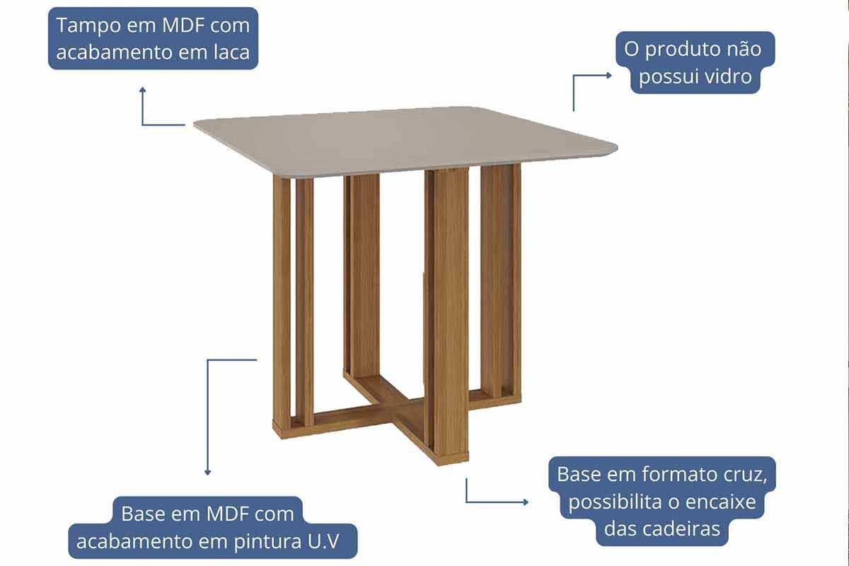Sala Jantar Mesa Flora Tampo Madeirado c/ Vidro 95x95cm e 4 Cadeiras Clarice - Cimol