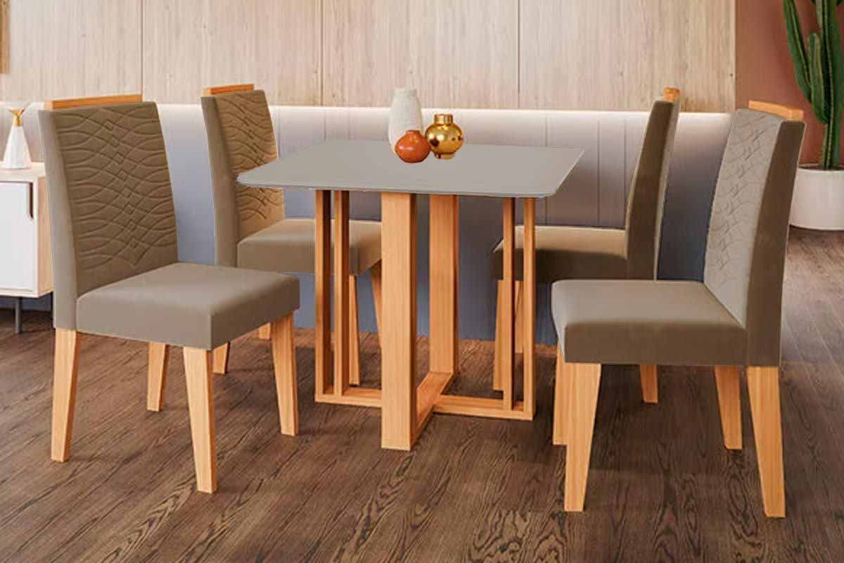 Sala Jantar Mesa Flora Tampo Madeirado c/ Vidro 95x95cm e 4 Cadeiras Clarice - Cimol