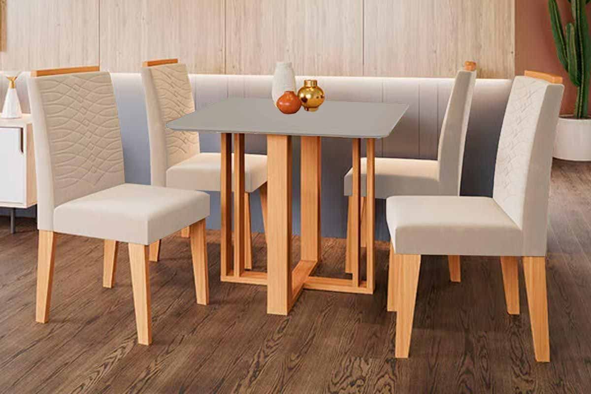 Sala Jantar Mesa Flora Tampo Madeirado c/ Vidro 95x95cm e 4 Cadeiras Clarice - Cimol