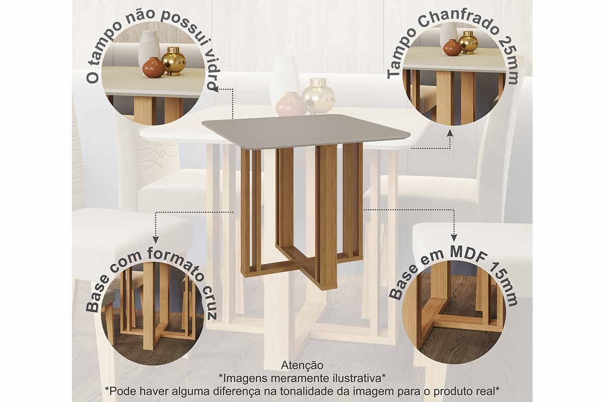 Sala Jantar Mesa Flora Tampo Madeirado c/ Vidro 95x95cm e 4 Cadeiras Maia - Cimol