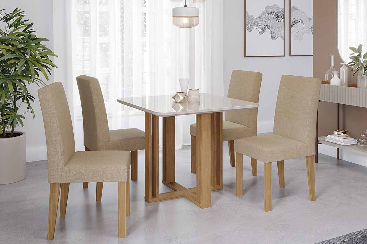 Sala Jantar Mesa Flora Tampo Madeirado c/ Vidro 95x95cm e 4 Cadeiras Maia - Cimol