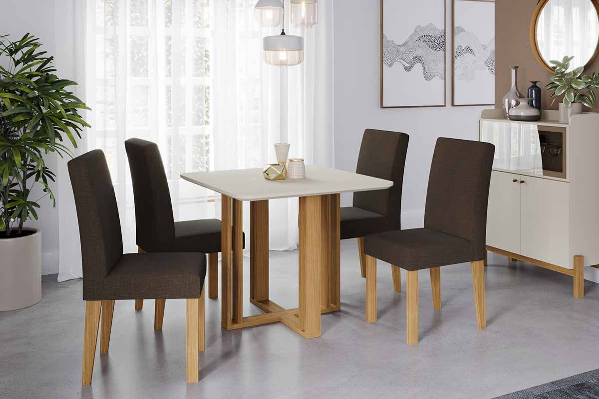 Sala Jantar Mesa Flora Tampo Madeirado c/ Vidro 95x95cm e 4 Cadeiras Maia - Cimol
