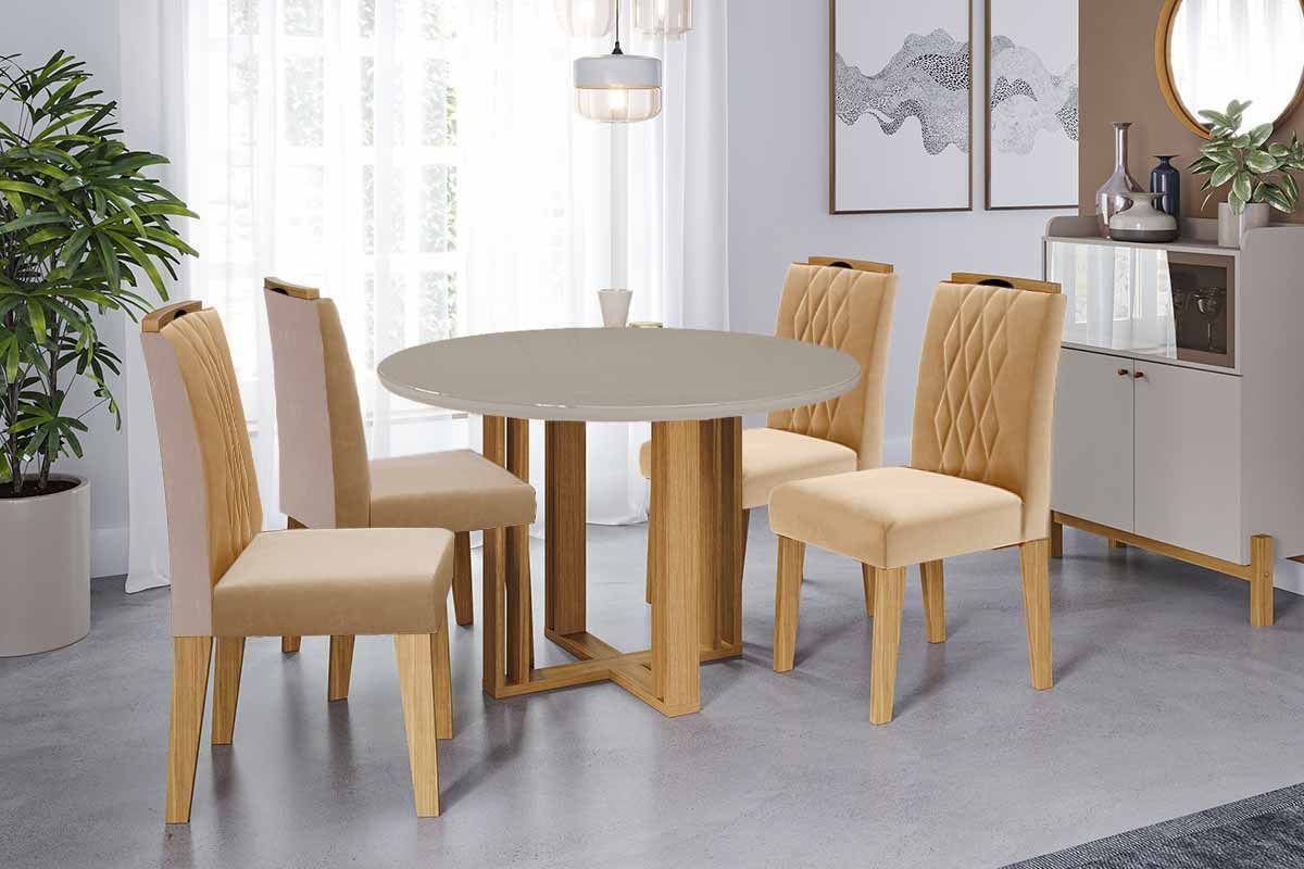 Sala Jantar Mesa Flora Tampo Madeirado c/ Vidro 109cm e 4 Cadeiras Juliana - Cimol