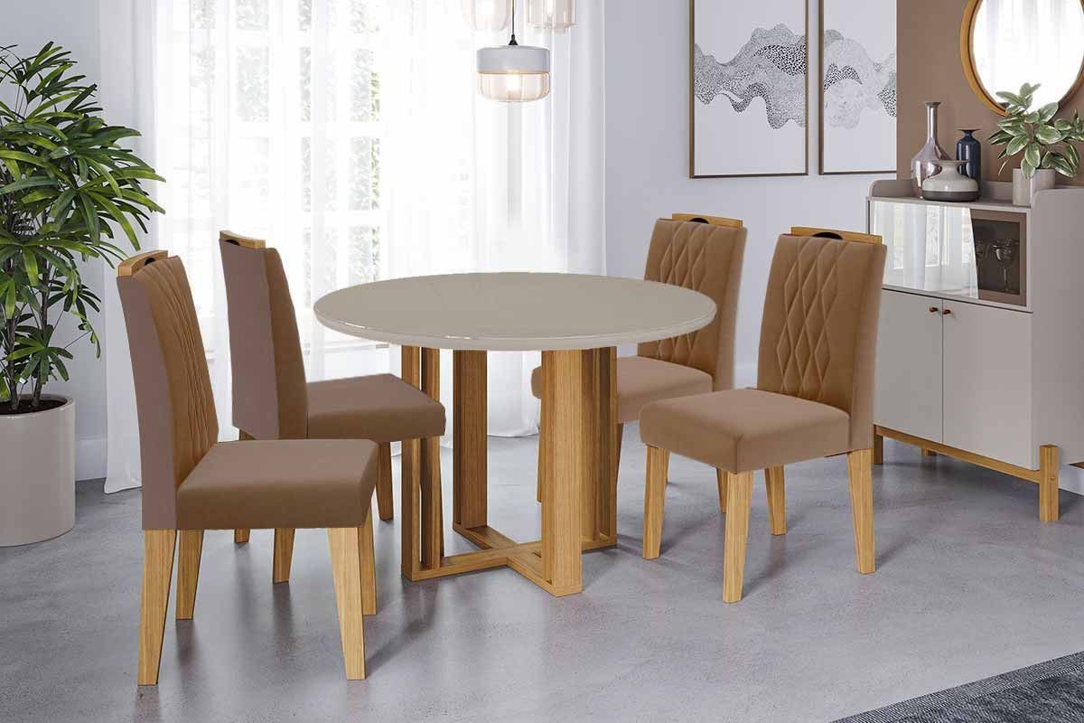 Sala Jantar Mesa Flora Tampo Madeirado c/ Vidro 109cm e 4 Cadeiras Juliana - Cimol