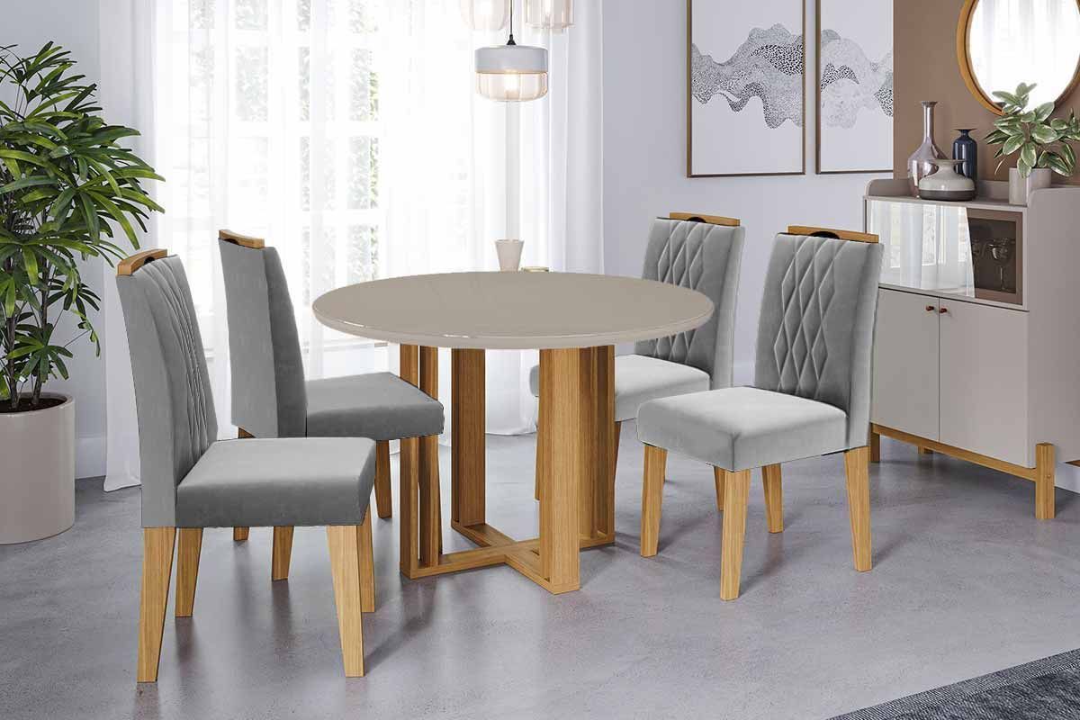 Sala Jantar Mesa Flora Tampo Madeirado c/ Vidro 109cm e 4 Cadeiras Juliana - Cimol