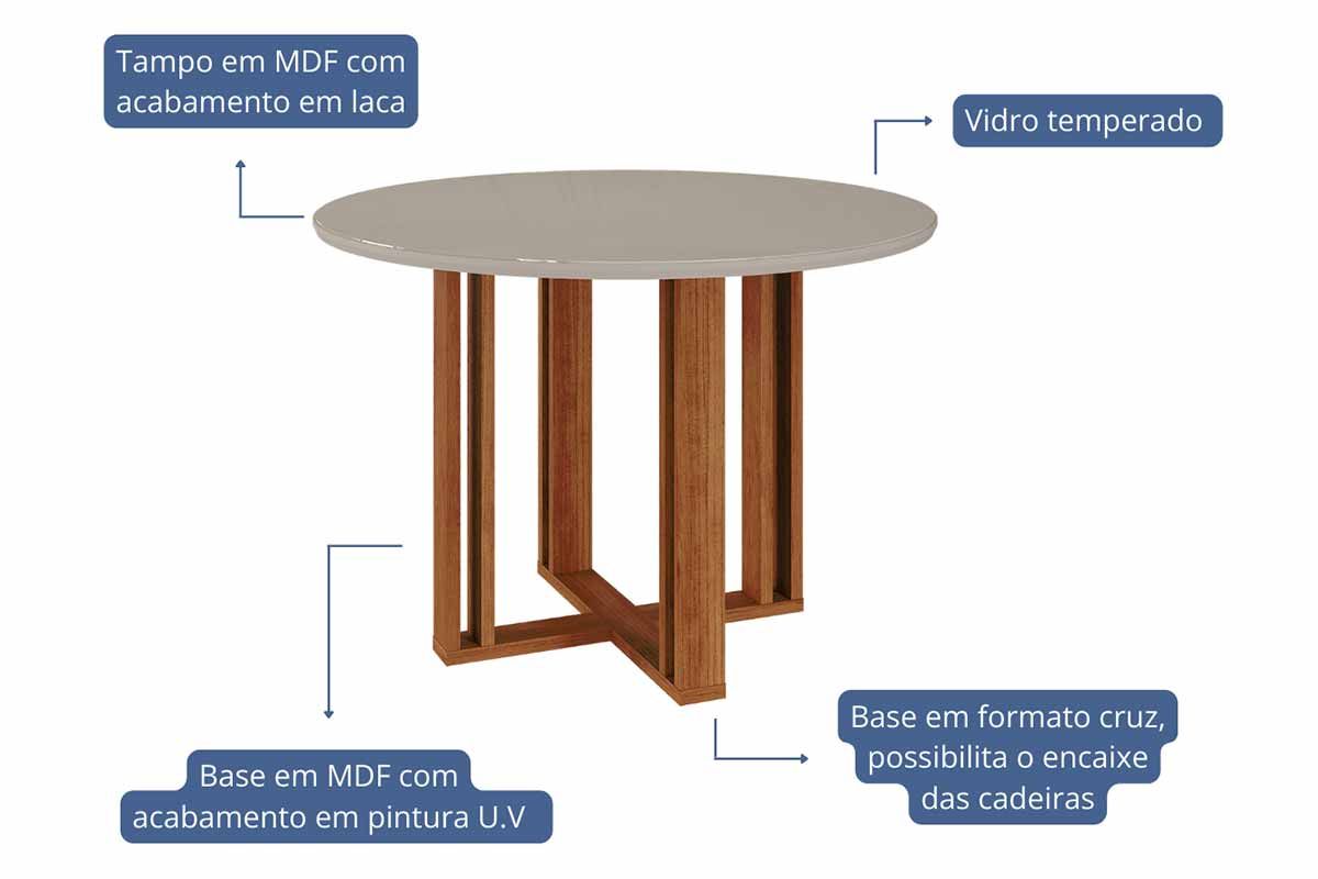 Sala Jantar Mesa Flora Tampo Madeirado c/ Vidro 109cm e 4 Cadeiras Fernanda - Cimol