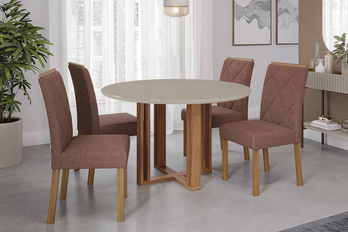 Sala Jantar Mesa Flora Tampo Madeirado c/ Vidro 109cm e 4 Cadeiras Fernanda - Cimol