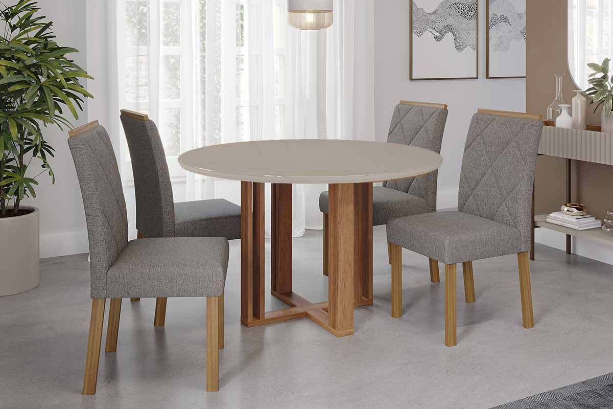 Sala Jantar Mesa Flora Tampo Madeirado c/ Vidro 109cm e 4 Cadeiras Fernanda - Cimol