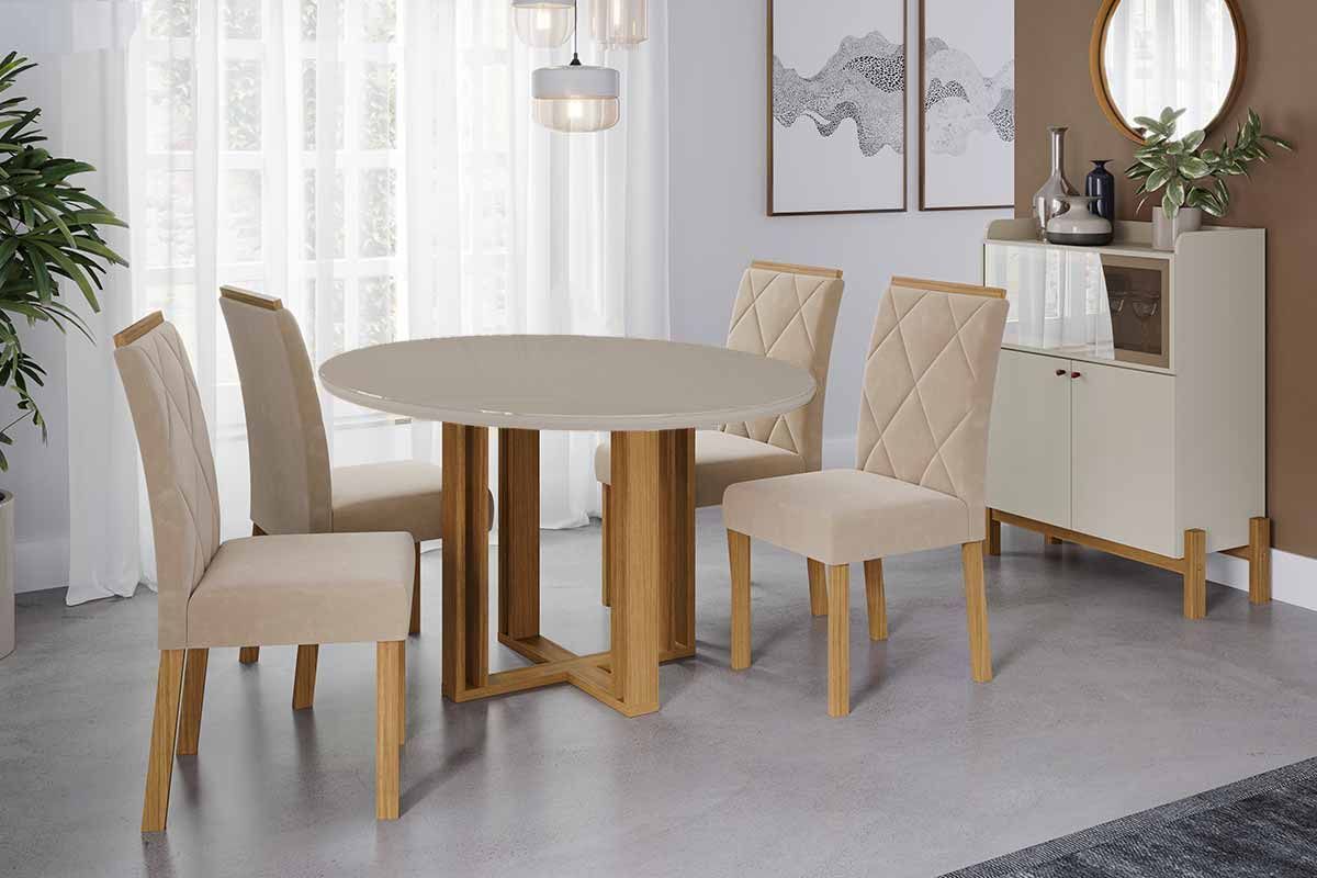 Sala Jantar Mesa Flora Tampo Madeirado c/ Vidro 109cm e 4 Cadeiras Fernanda - Cimol