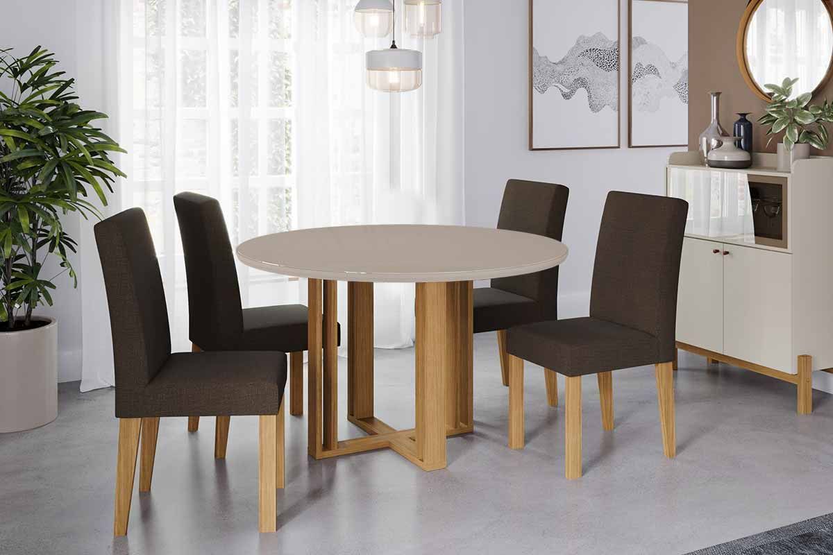 Sala Jantar Mesa Flora Tampo Madeirado c/ Vidro 109cm e 4 Cadeiras Maia - Cimol