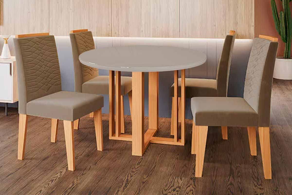 Sala Jantar Mesa Flora Tampo Madeirado c/ Vidro 109cm e 4 Cadeiras Clarice - Cimol