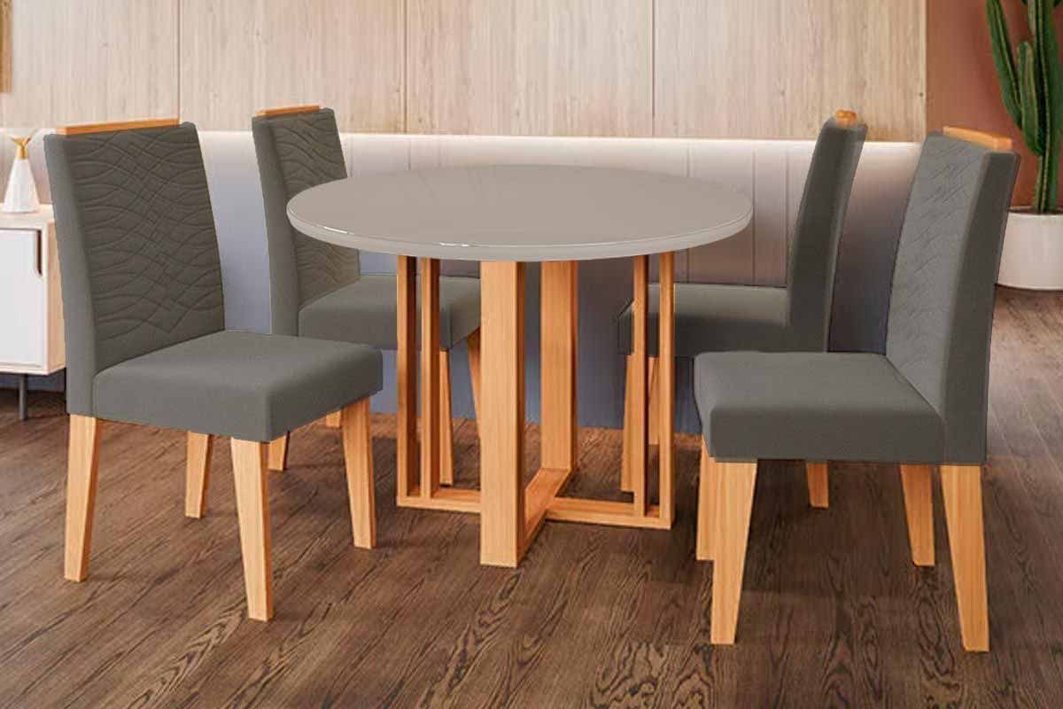 Sala Jantar Mesa Flora Tampo Madeirado c/ Vidro 109cm e 4 Cadeiras Clarice - Cimol