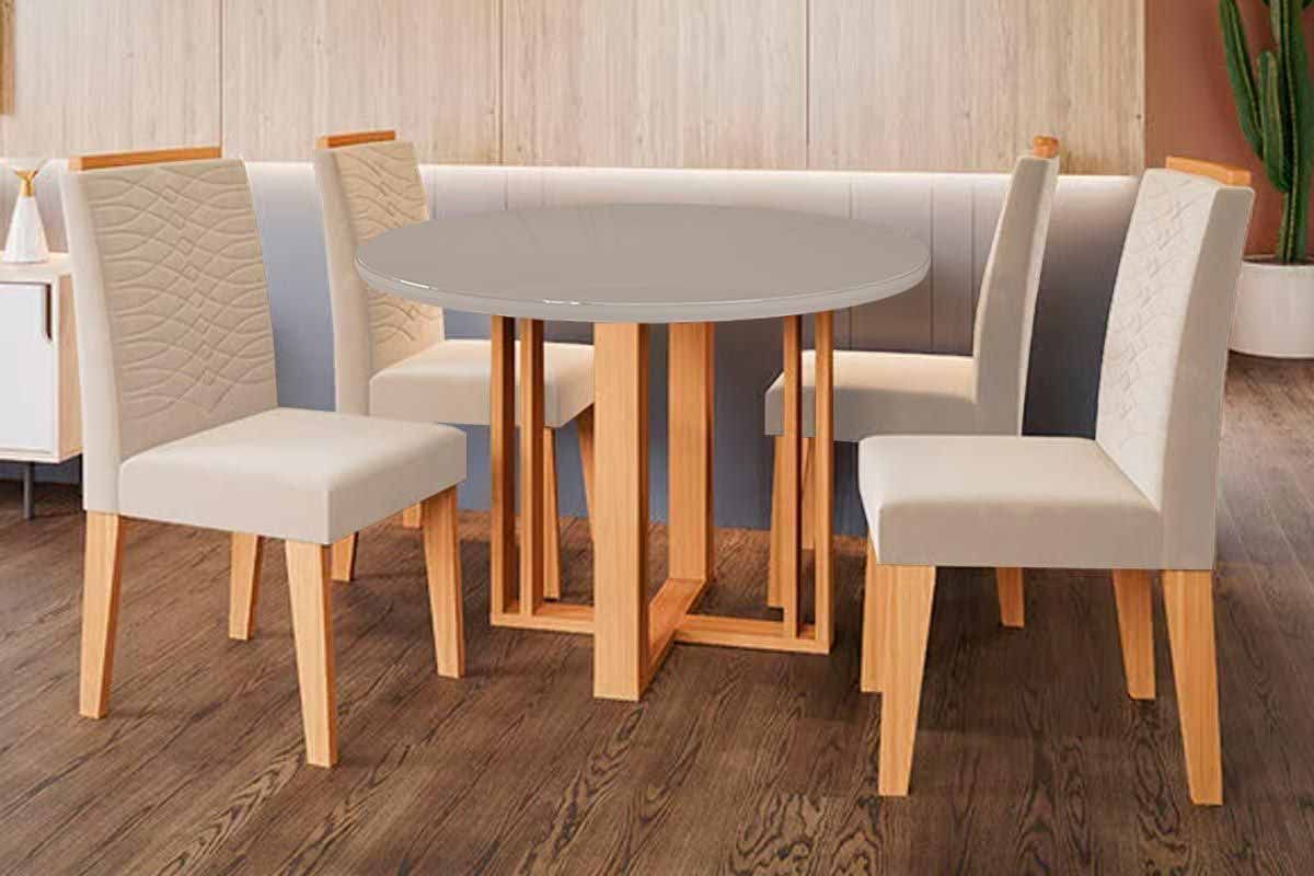 Sala Jantar Mesa Flora Tampo Madeirado c/ Vidro 109cm e 4 Cadeiras Clarice - Cimol