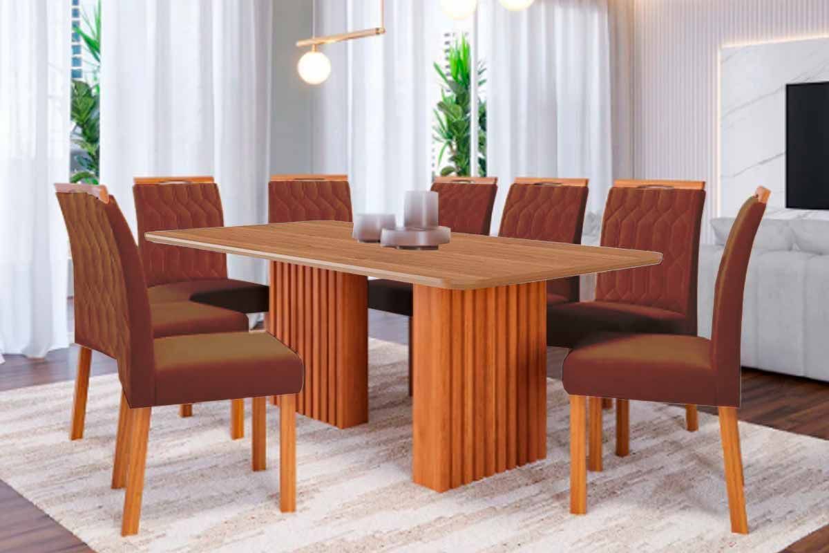 Sala Jantar Mesa Ester Tampo Madeirado 210x100cm e 8 Cadeiras Paola - Cimol