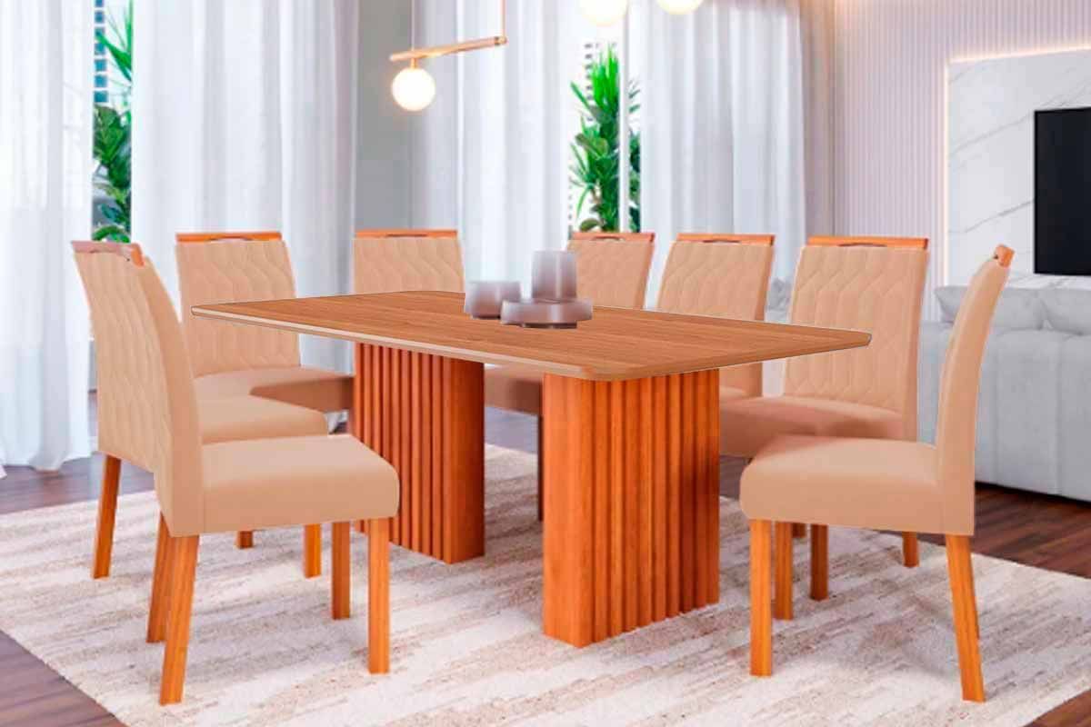 Sala Jantar Mesa Ester Tampo Madeirado 210x100cm e 8 Cadeiras Paola - Cimol
