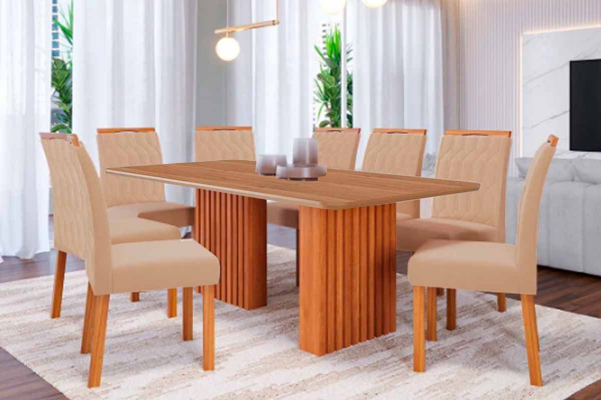 Sala Jantar Mesa Ester Tampo Madeirado 210x100cm e 8 Cadeiras Paola - Cimol