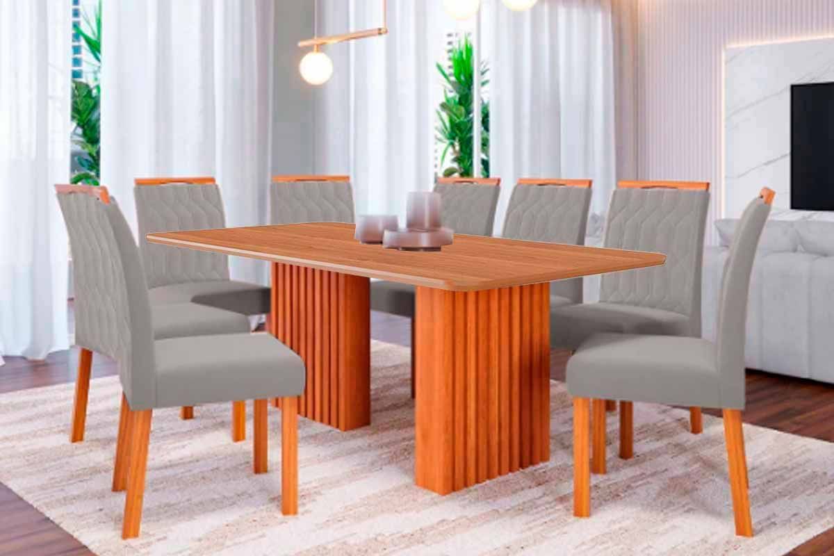 Sala Jantar Mesa Ester Tampo Madeirado 210x100cm e 8 Cadeiras Paola - Cimol