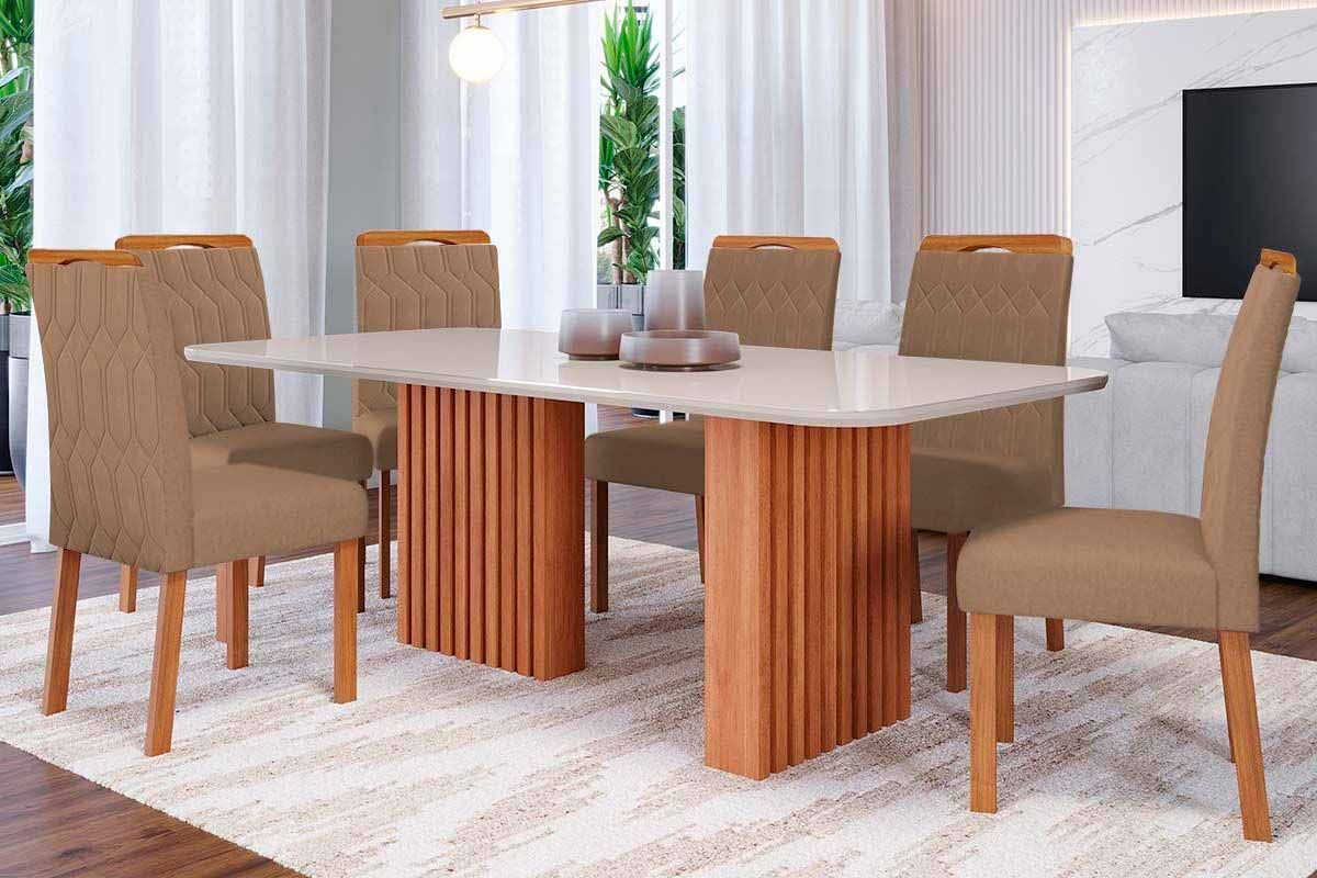 Sala Jantar Mesa Ester Tampo Madeirado c/ Vidro 180x90cm e 6 Cadeiras Paola - Cimol