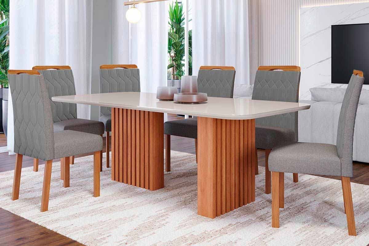 Sala Jantar Mesa Ester Tampo Madeirado c/ Vidro 180x90cm e 6 Cadeiras Paola - Cimol