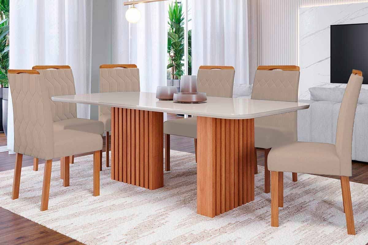 Sala Jantar Mesa Ester Tampo Madeirado c/ Vidro 180x90cm e 6 Cadeiras Paola - Cimol