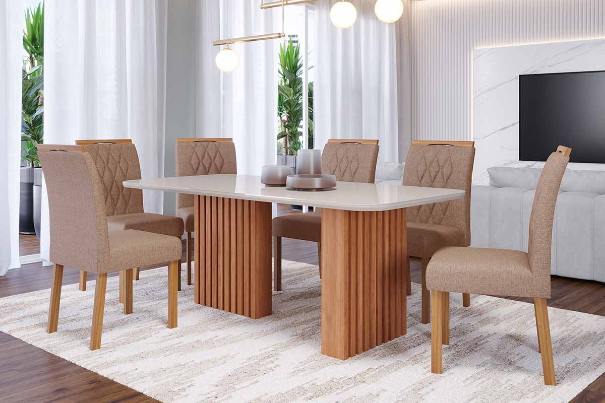 Sala Jantar Mesa Ester Tampo Madeirado c/ Vidro 180x90cm e 6 Cadeiras Juliana - Cimol
