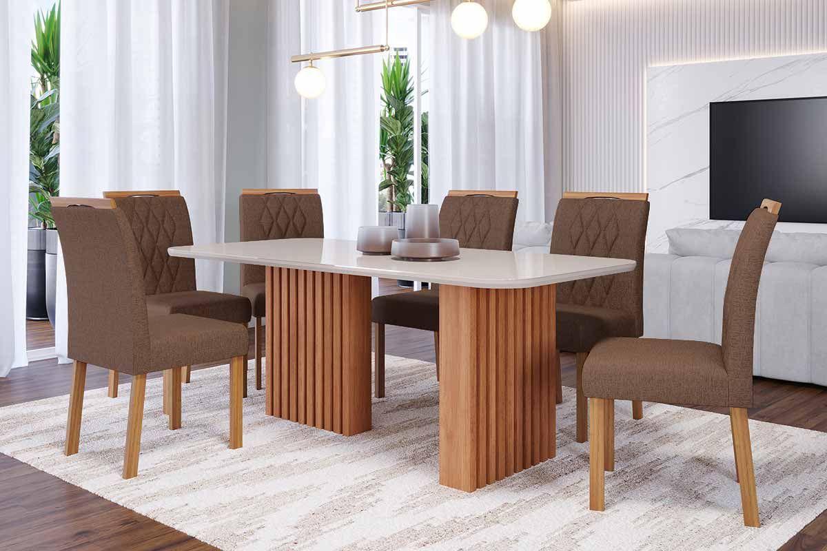 Sala Jantar Mesa Ester Tampo Madeirado c/ Vidro 180x90cm e 6 Cadeiras Juliana - Cimol